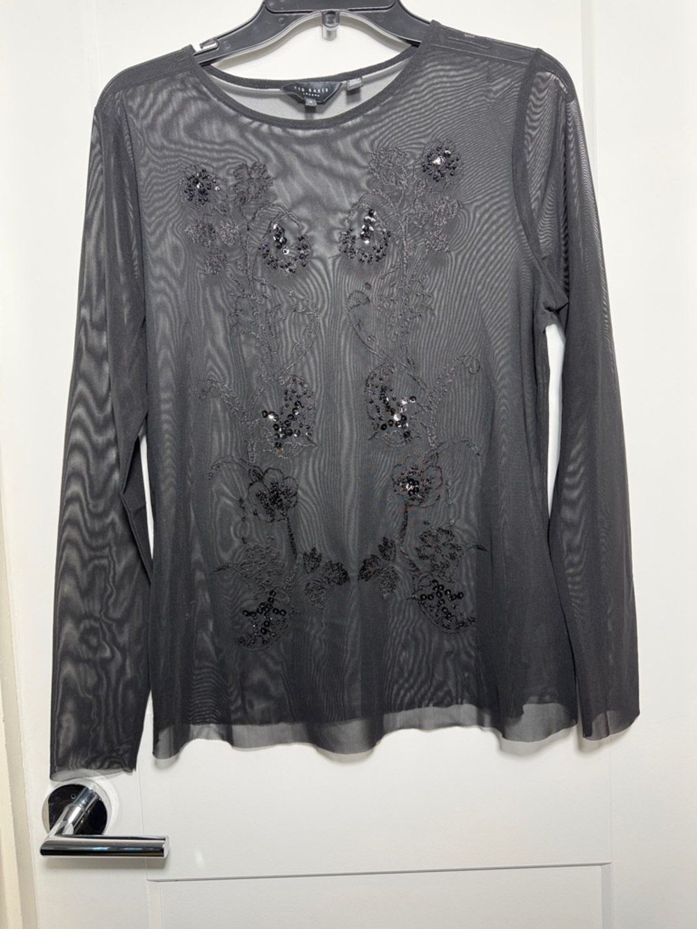 Ted Baker Black Embellished Mesh Long-Sleeve Top - Floral Sequin Detail
